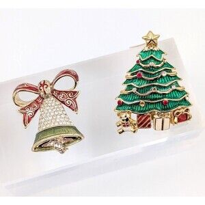 2 pc Lot Vtg MONET Signed Christmas‎ Tree & Bell Brooch Pin Rhinestones Enamel